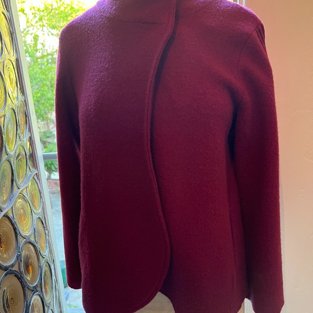 Designer Cullen, boucle, burgundy, light weight, wool jacket.